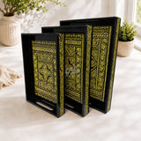 Naqshi art wooden serving tray set of 3 in yellow color
