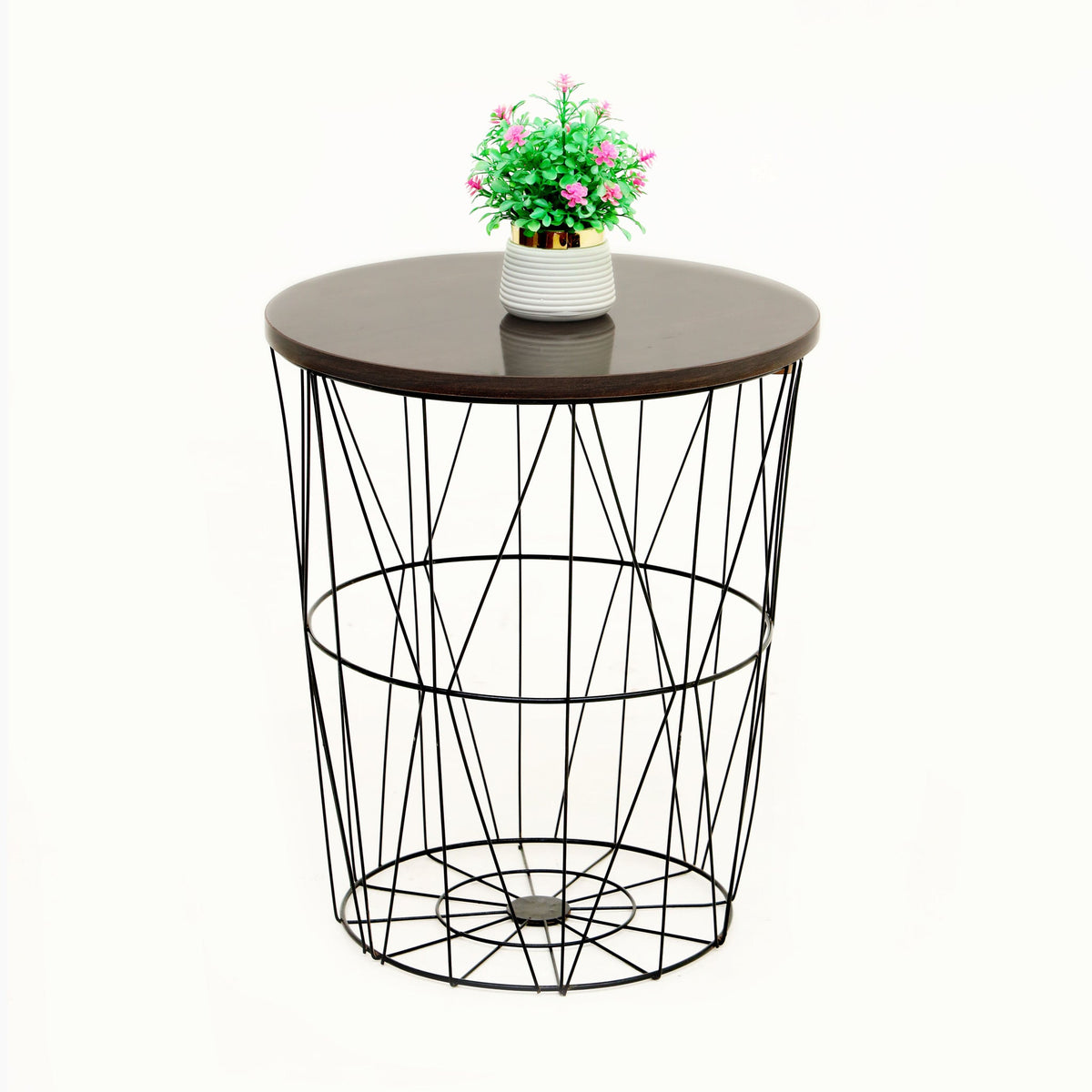 Black metal basket side table with plant