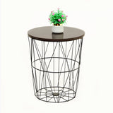 Black metal basket side table with plant