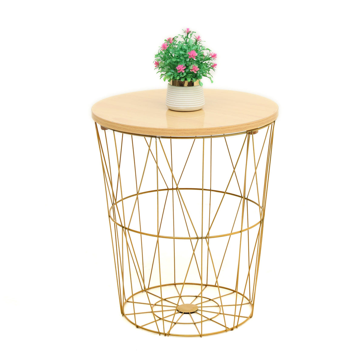 Gold metal basket side table with plant