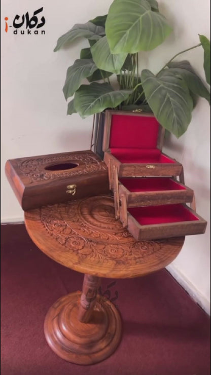 3 in 1 Hand-Carved Table, Tissue & Jewelry Box Set
