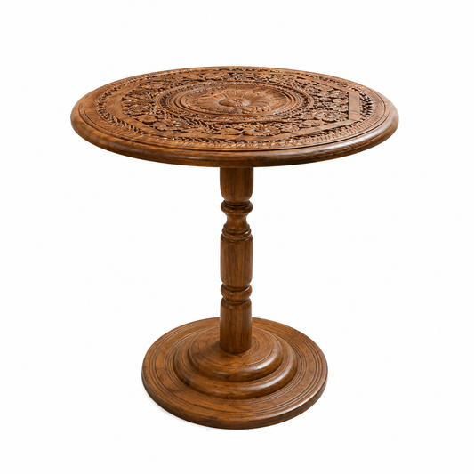 Hand Carving Pure Sheesham Wood Round Coffee Table