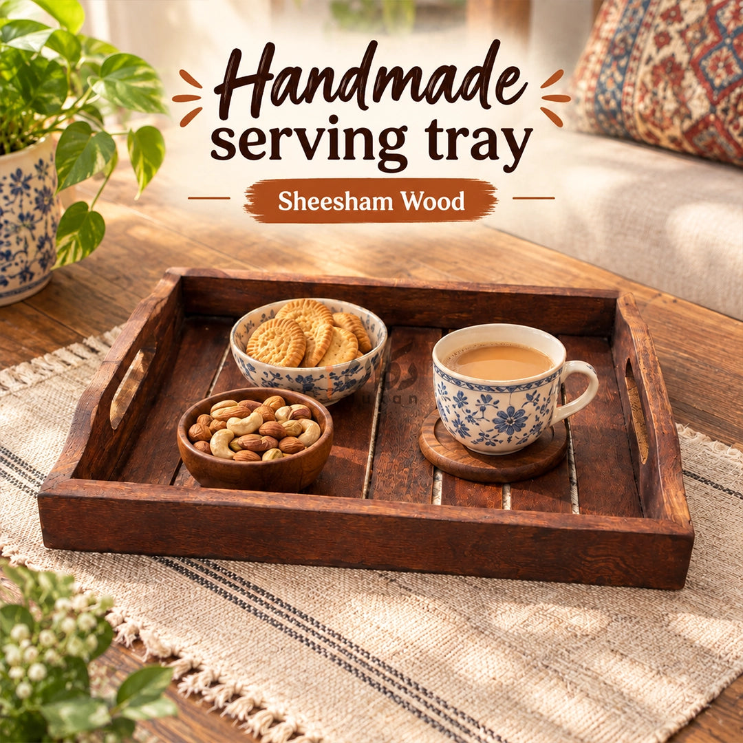 Handmade Sheesham Wood Serving Tray Set of 3 with Handles
