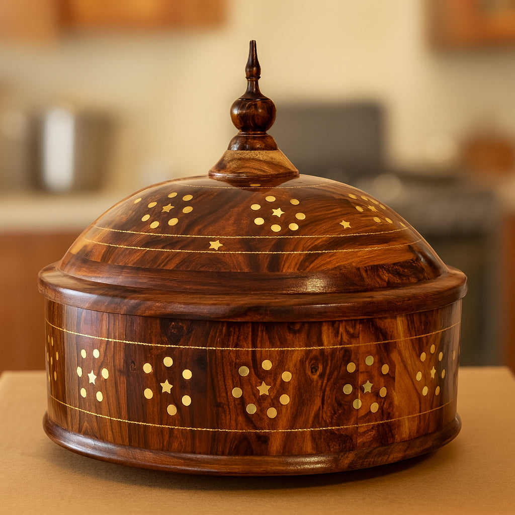 Brass inlay wooden hotpot on wooden table