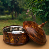 Wooden roti hotpot with steel bowl and lid open