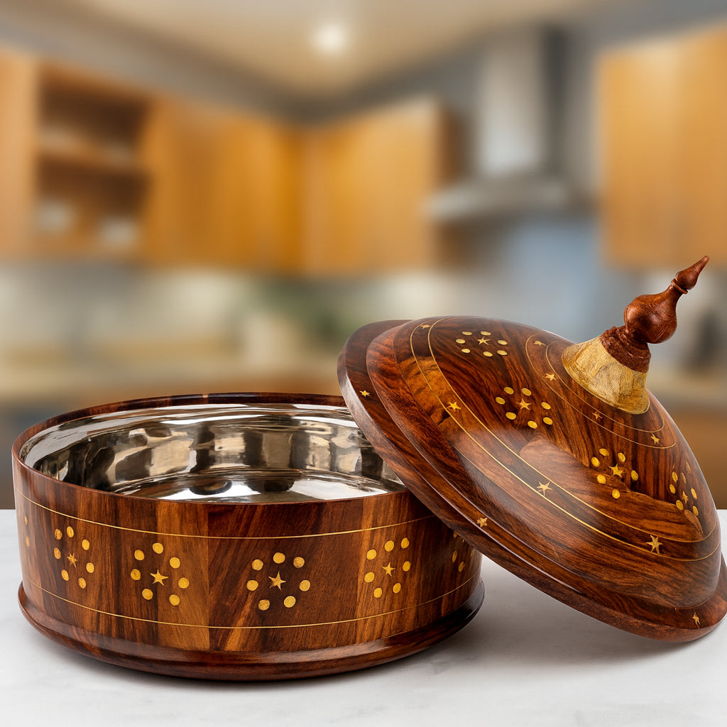 Brass work wooden roti hotpot with stainless steel bowl in kitchen