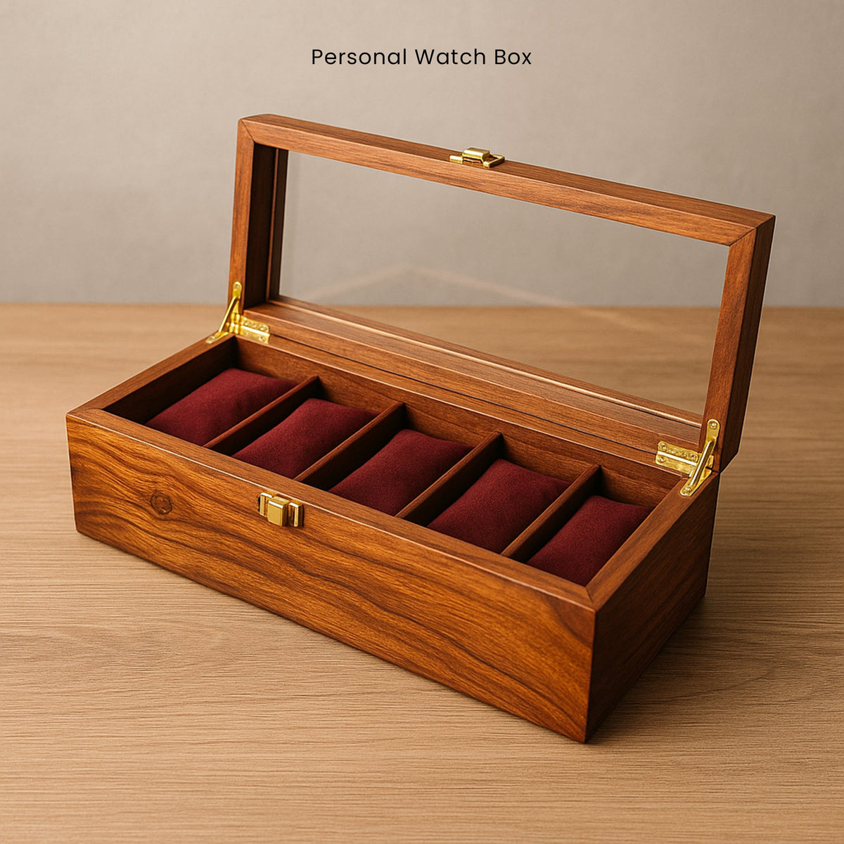 Empty wooden watch box with velvet cushions