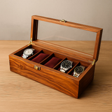 Wooden watch box organizer with glass lid and lock