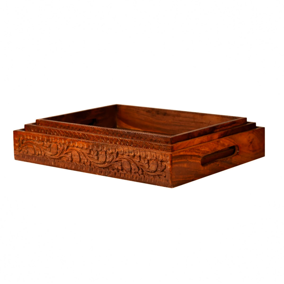 Nested hand carved wooden trays side view