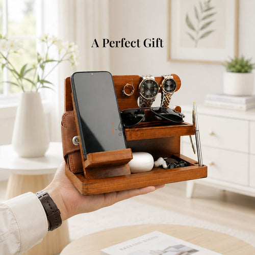 Wooden desk organizer with phone, watches and glasses