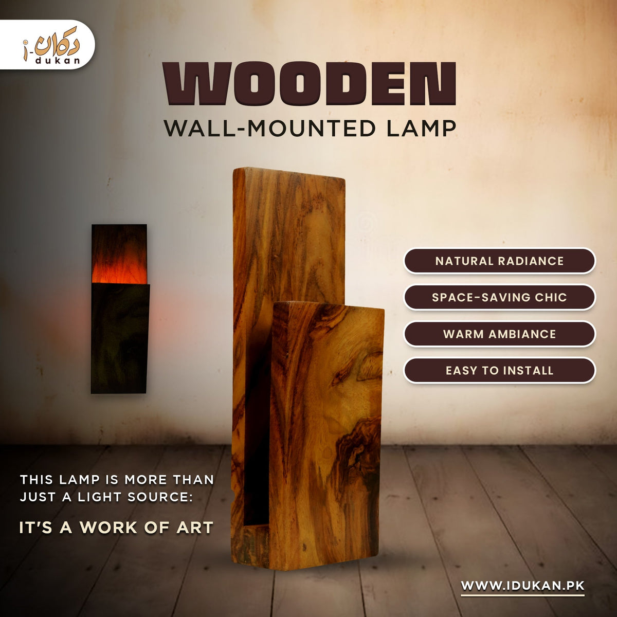 Wooden wall mounted lamp features infographic