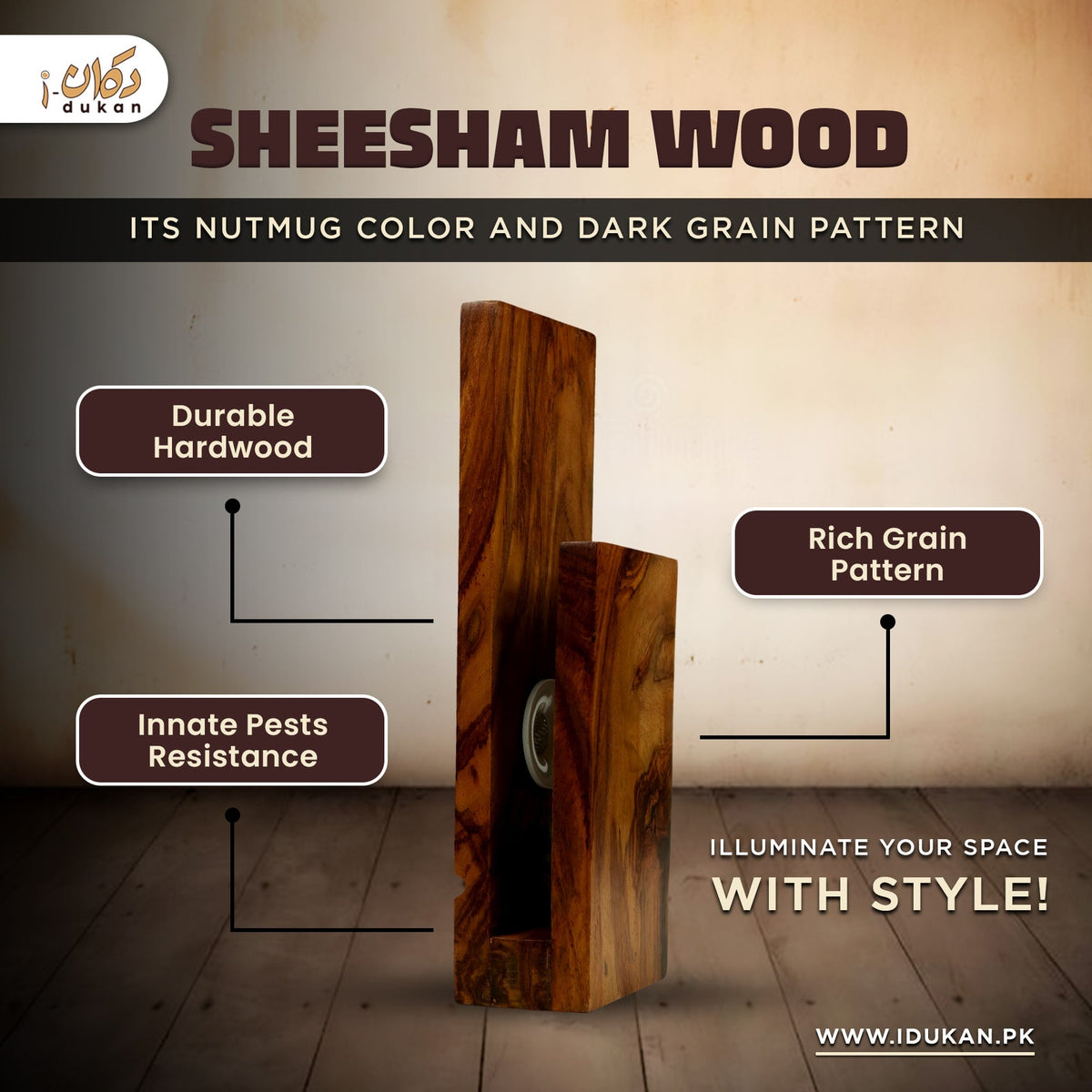 Sheesham wood wall lamp with warm LED light details
