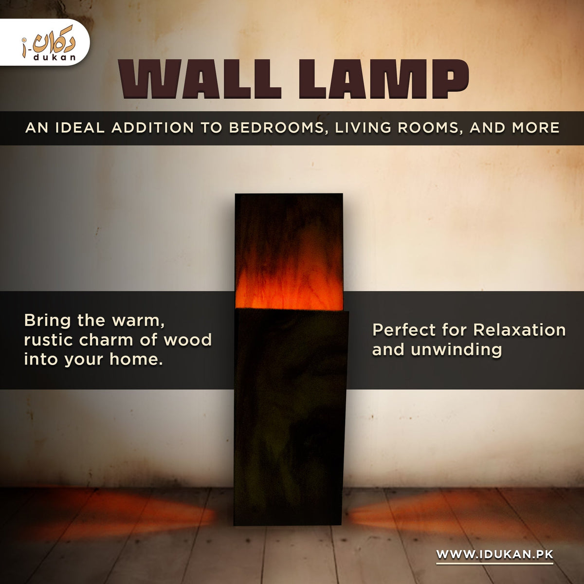 Wooden LED wall lamp for room decoration infographic