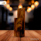 Wooden LED wall lamp glowing in dark room