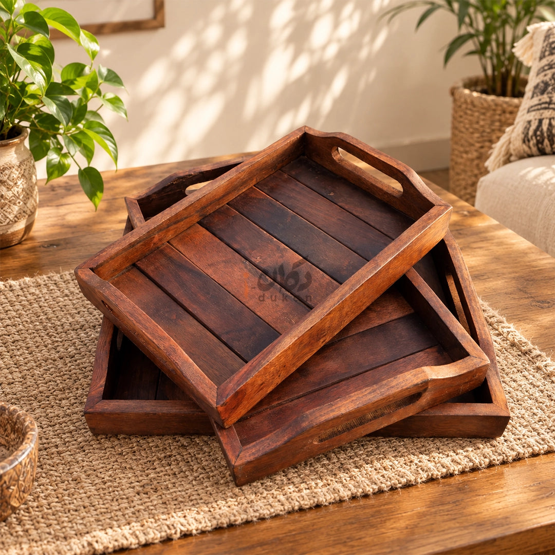 Handmade Sheesham Wood Serving Tray Set of 3 with Handles