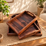 Handmade Sheesham Wood Serving Tray Set of 3 with Handles