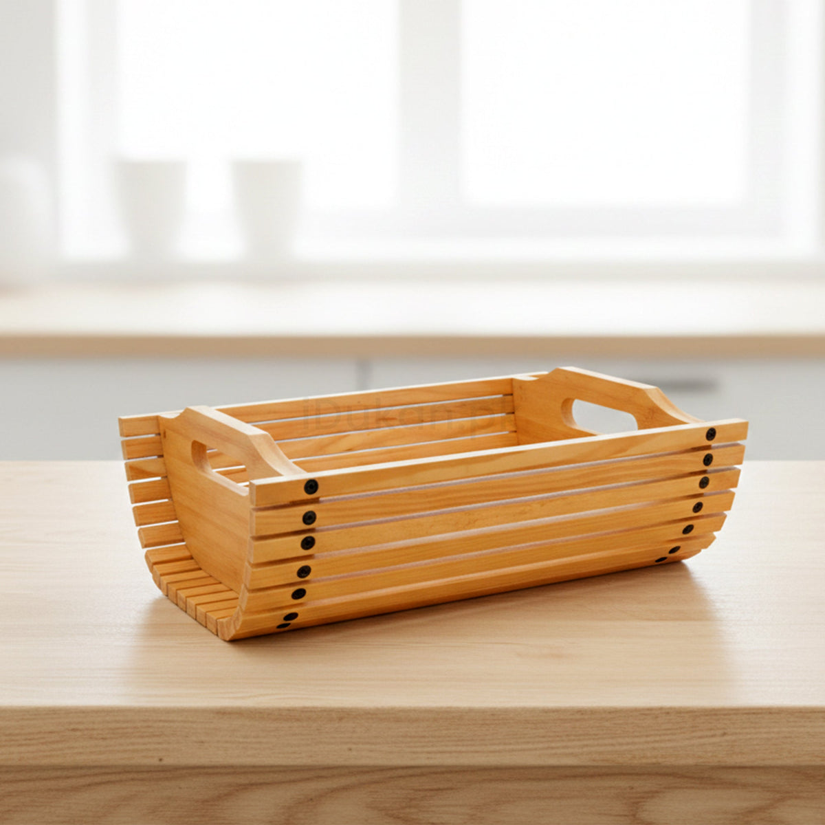 Kail wood fruit basket on kitchen counter