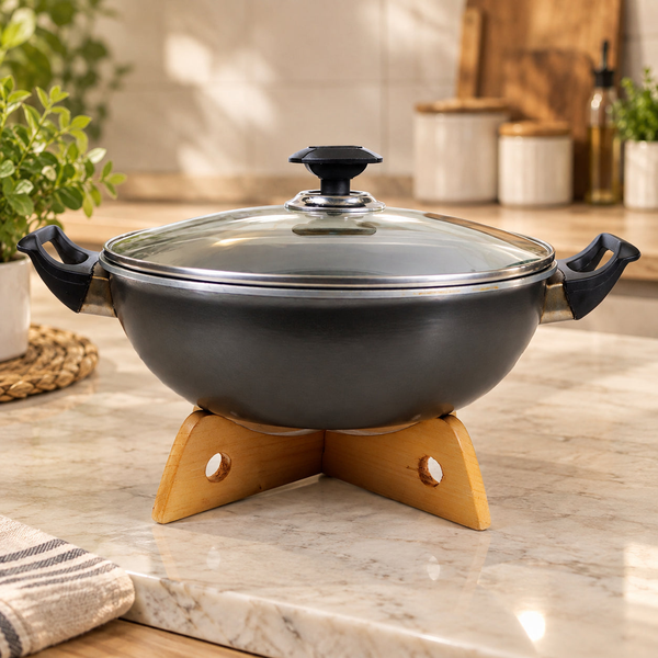 Wooden hot pot stand holding cooking pan on kitchen counter