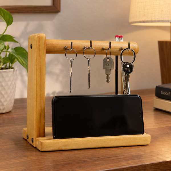 Wooden key holder stand with keys and phone on desk
