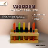 Wooden pen holder features infographic