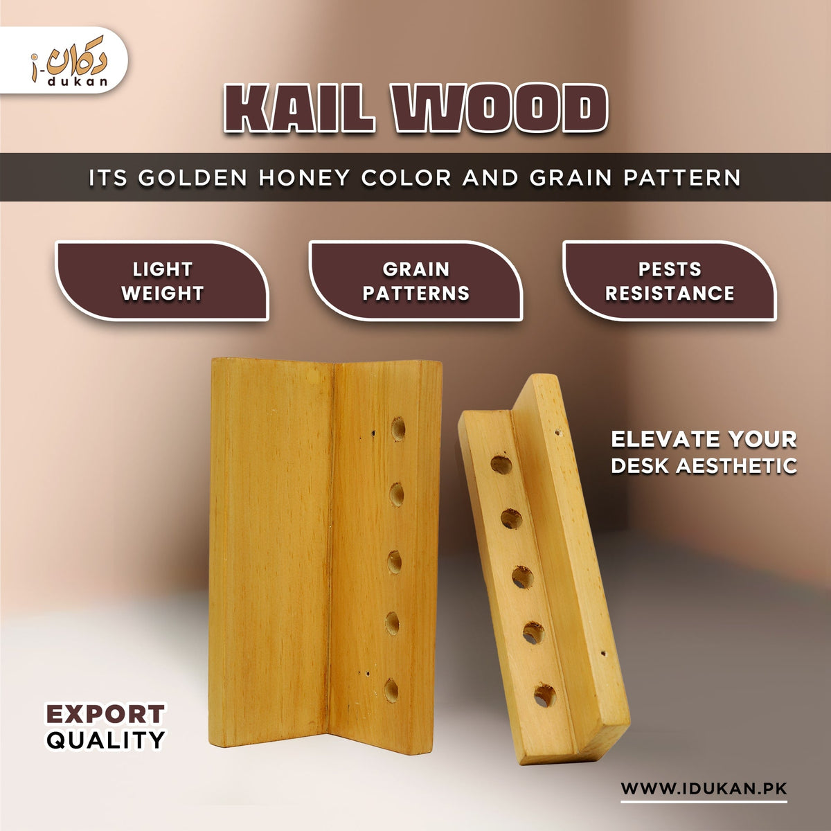 Kail wood pen holder details infographic