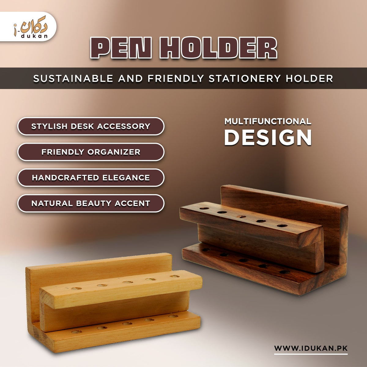 Wooden pen holder stationery desk organizer infographic