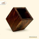 Empty wooden pen spoon holder angled view