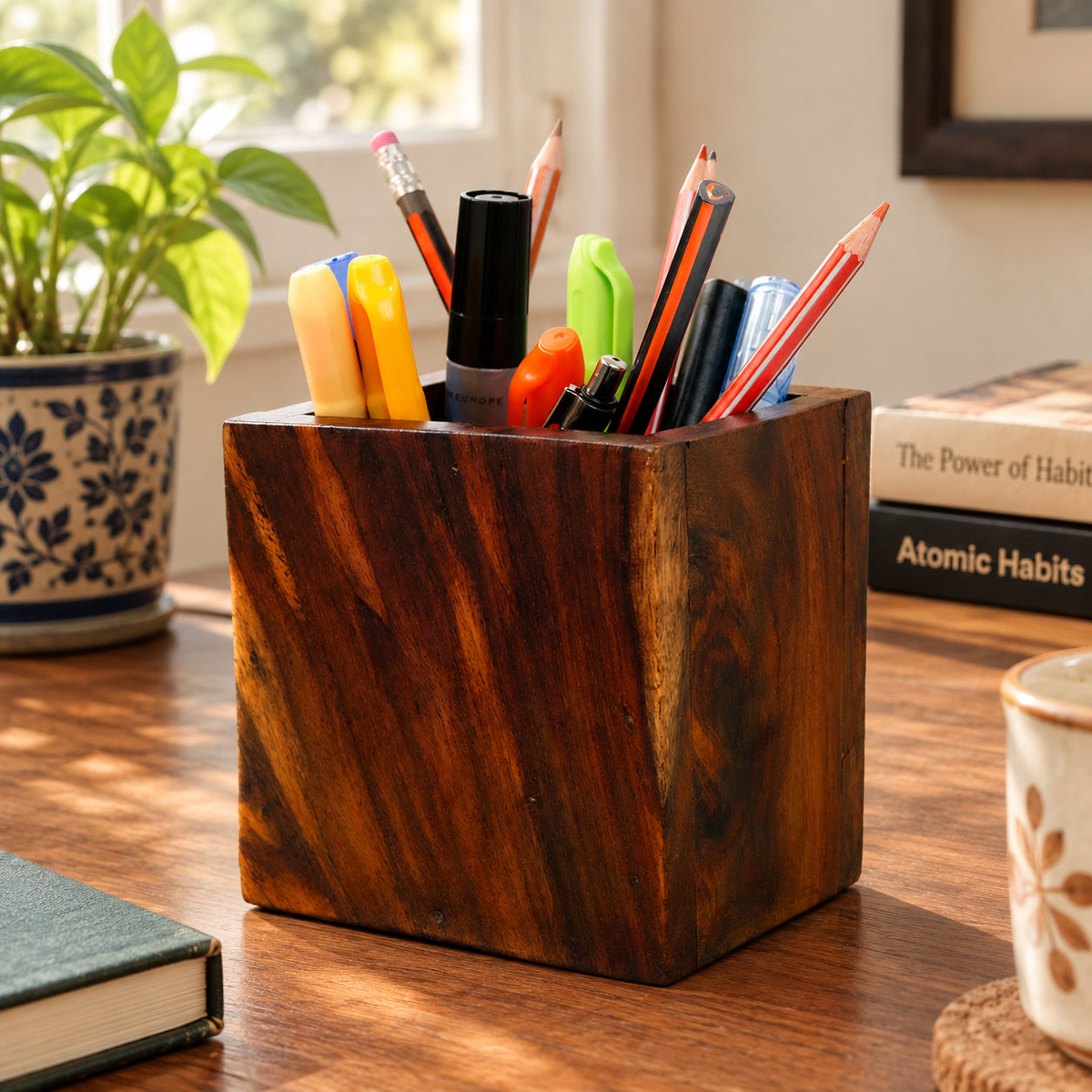Wooden pen holder with pencils and markers on desk
