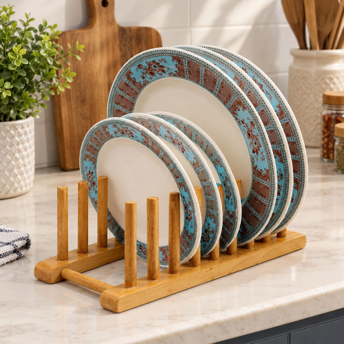 Wooden plates stand with dinner plates in kitchen