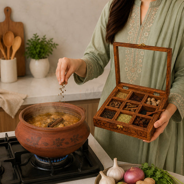 Woman cooking with wooden spice box on counter