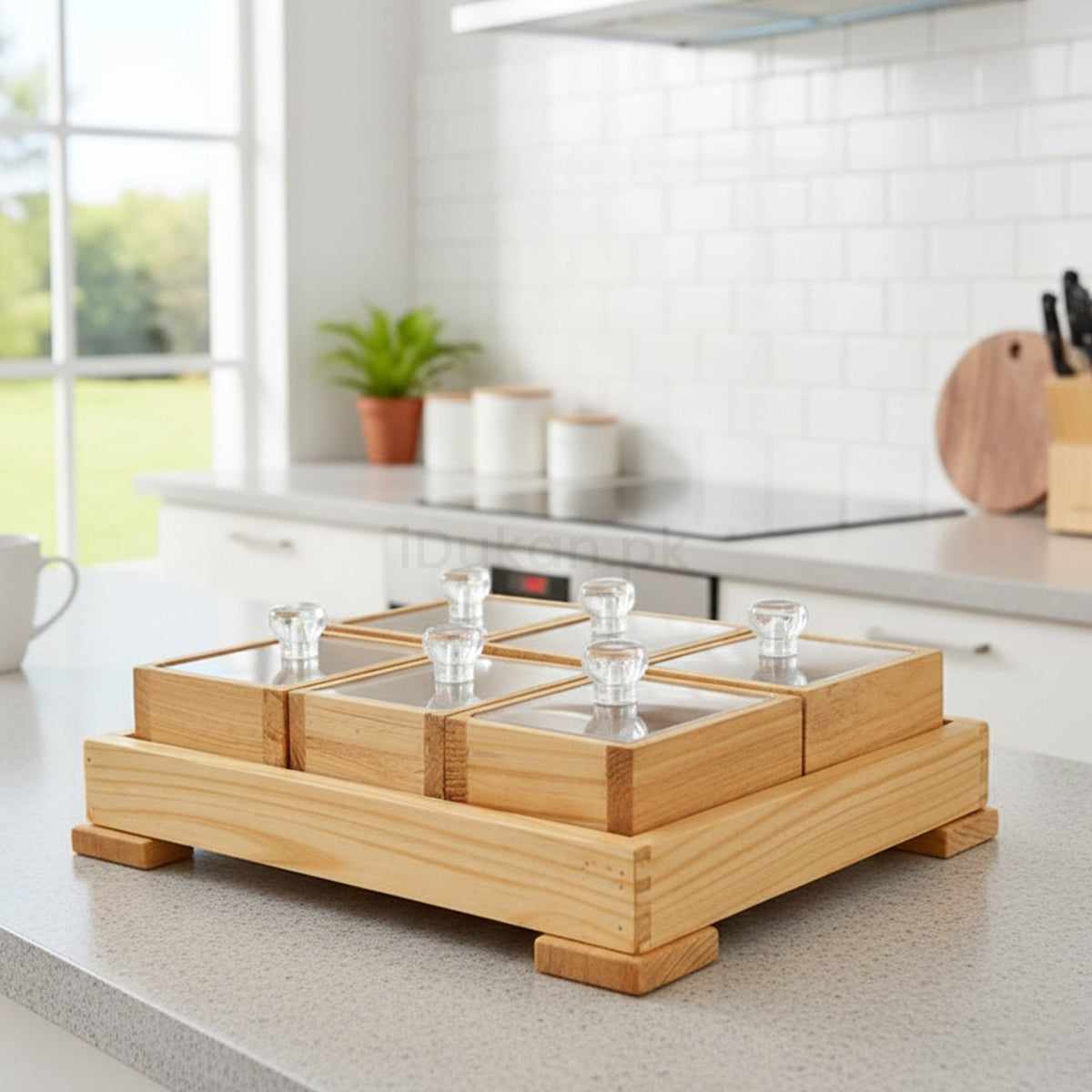 6 piece wooden storage box set on kitchen counter