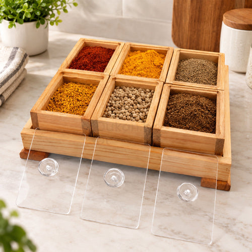 6 piece wooden storage box set filled with spices and dry fruits