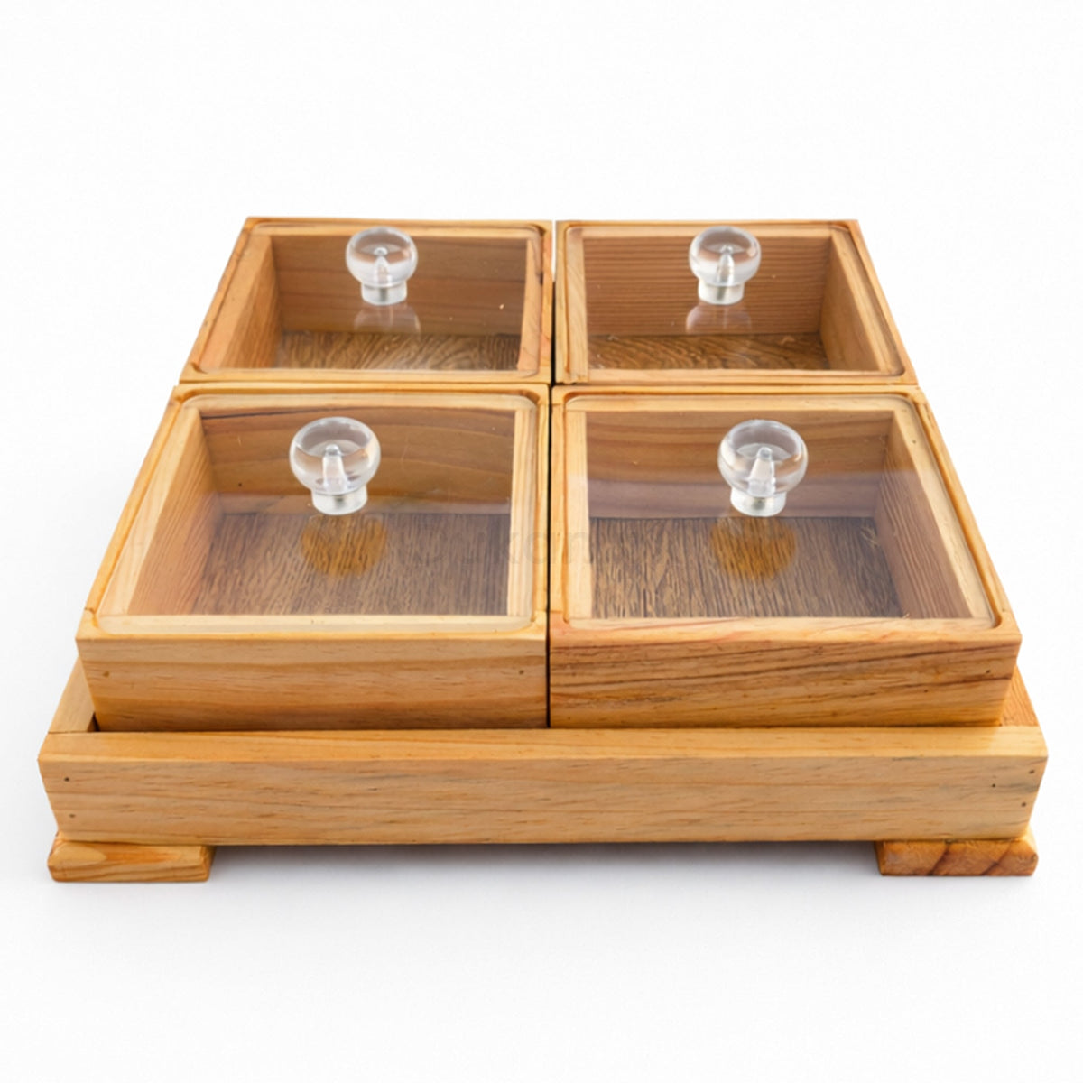 4 piece wooden storage box set with acrylic lids and tray