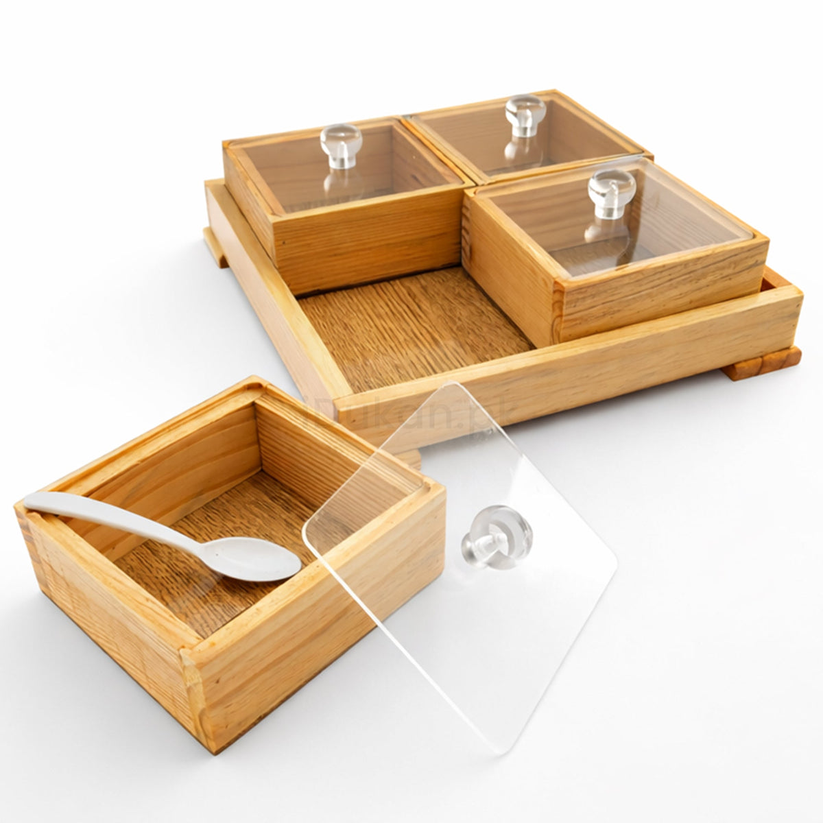 Wooden storage box with removable acrylic lid and spoon
