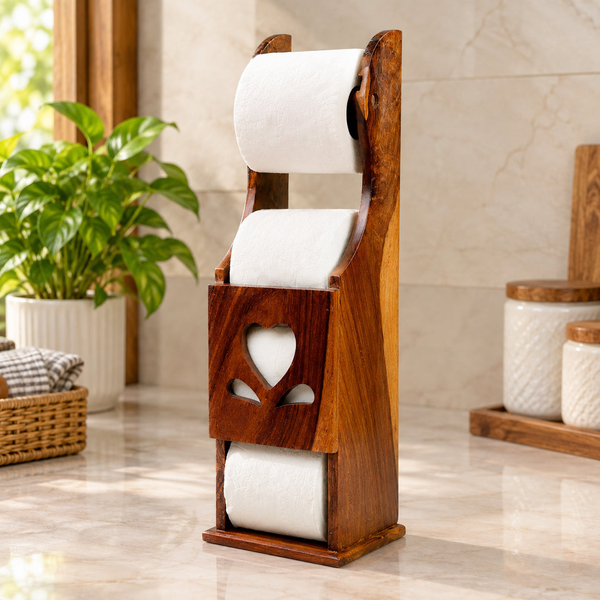 Wooden tissue roll holder with heart cutout in kitchen